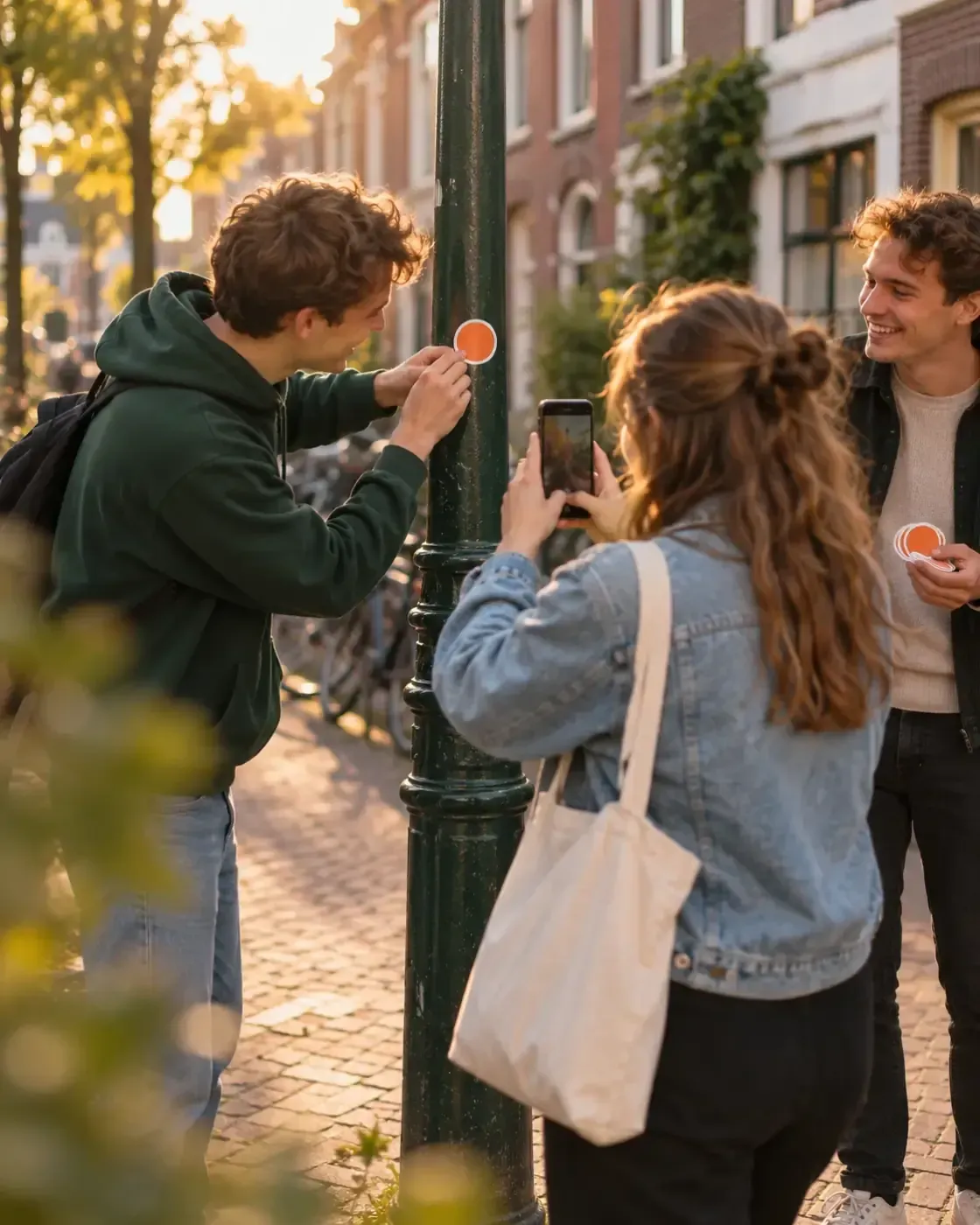 Someone putting a sticker on a lamppost while a friend takes a photo of it