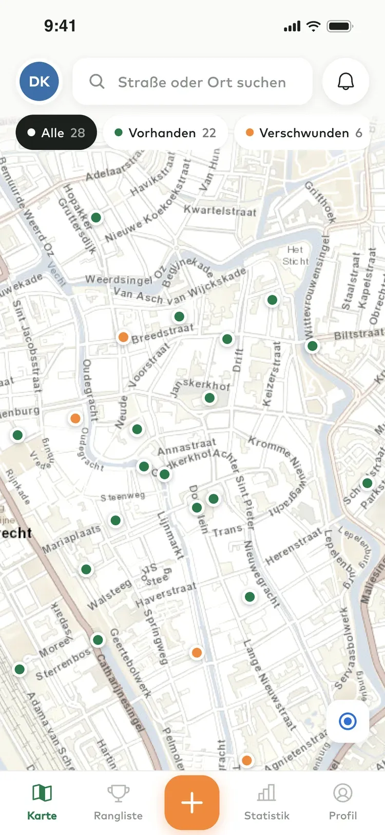 Die Karte in der App: grüne und orangefarbene Pins in der Utrechter Innenstadt