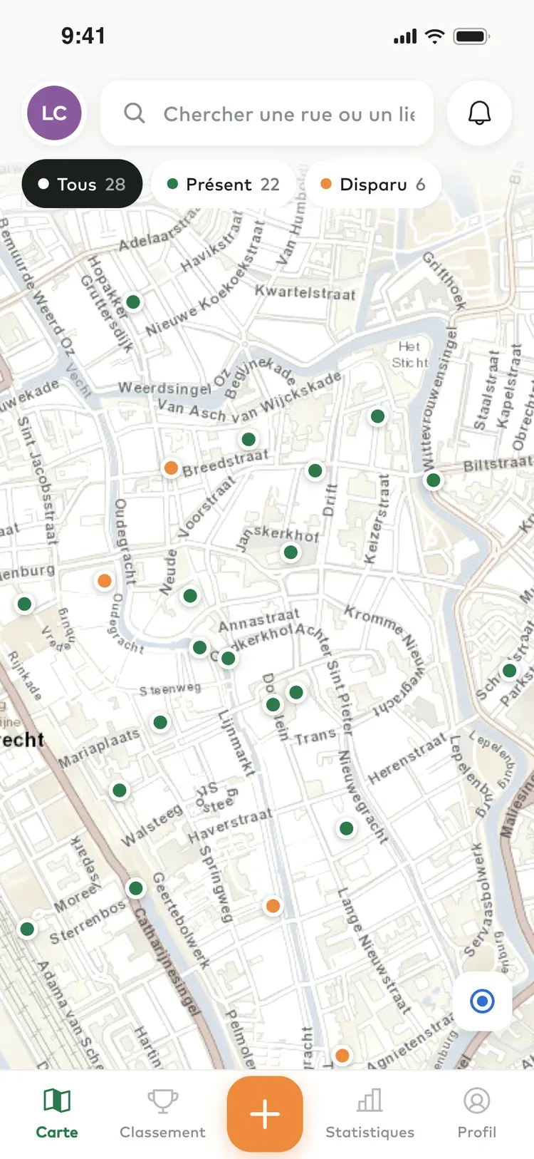 La carte dans l’app : des épingles vertes et orange dans le centre-ville d’Utrecht
