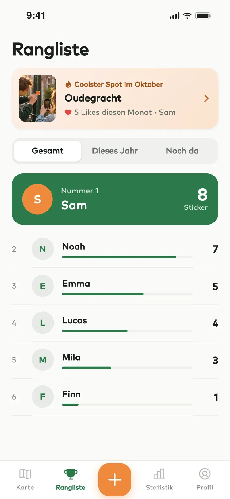 Die Rangliste in der App, ganz oben der coolste Spot des Monats